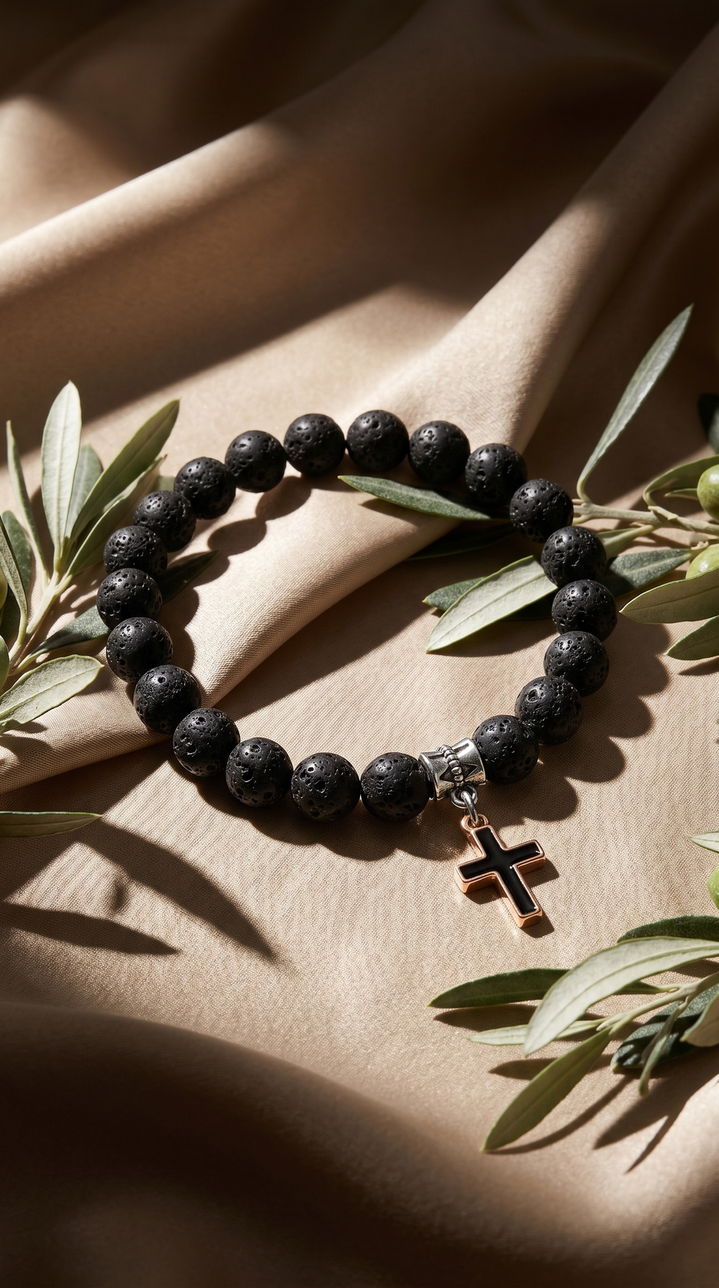 Heren kruis armband | Zwart Lava – Ascension