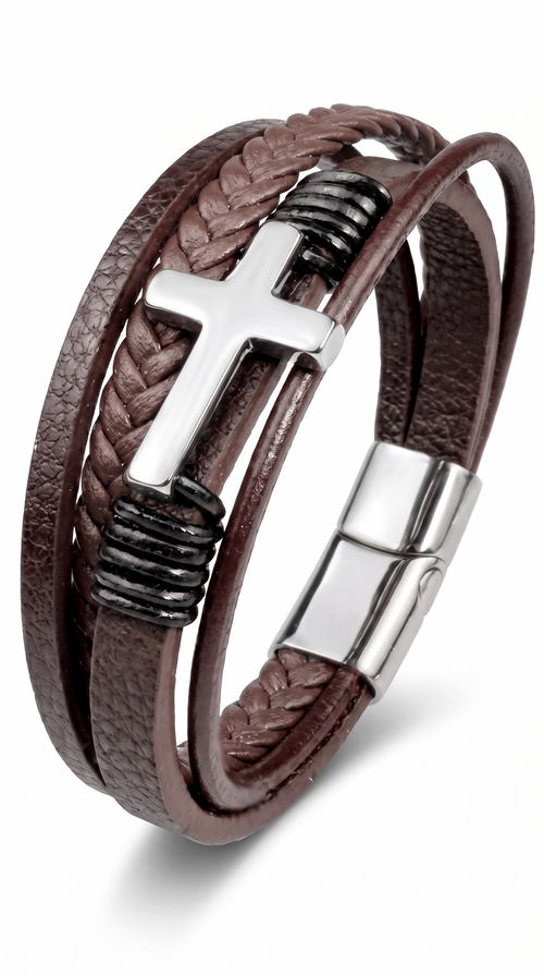 Heren kruis armband | Bruin Leer - Covenant