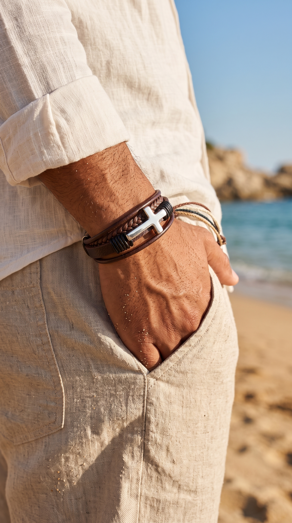 Heren kruis armband | Bruin Leer - Covenant