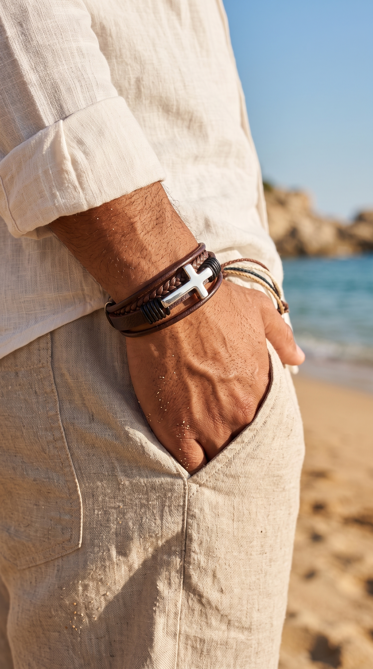 Heren kruis armband | Bruin Leer - Covenant