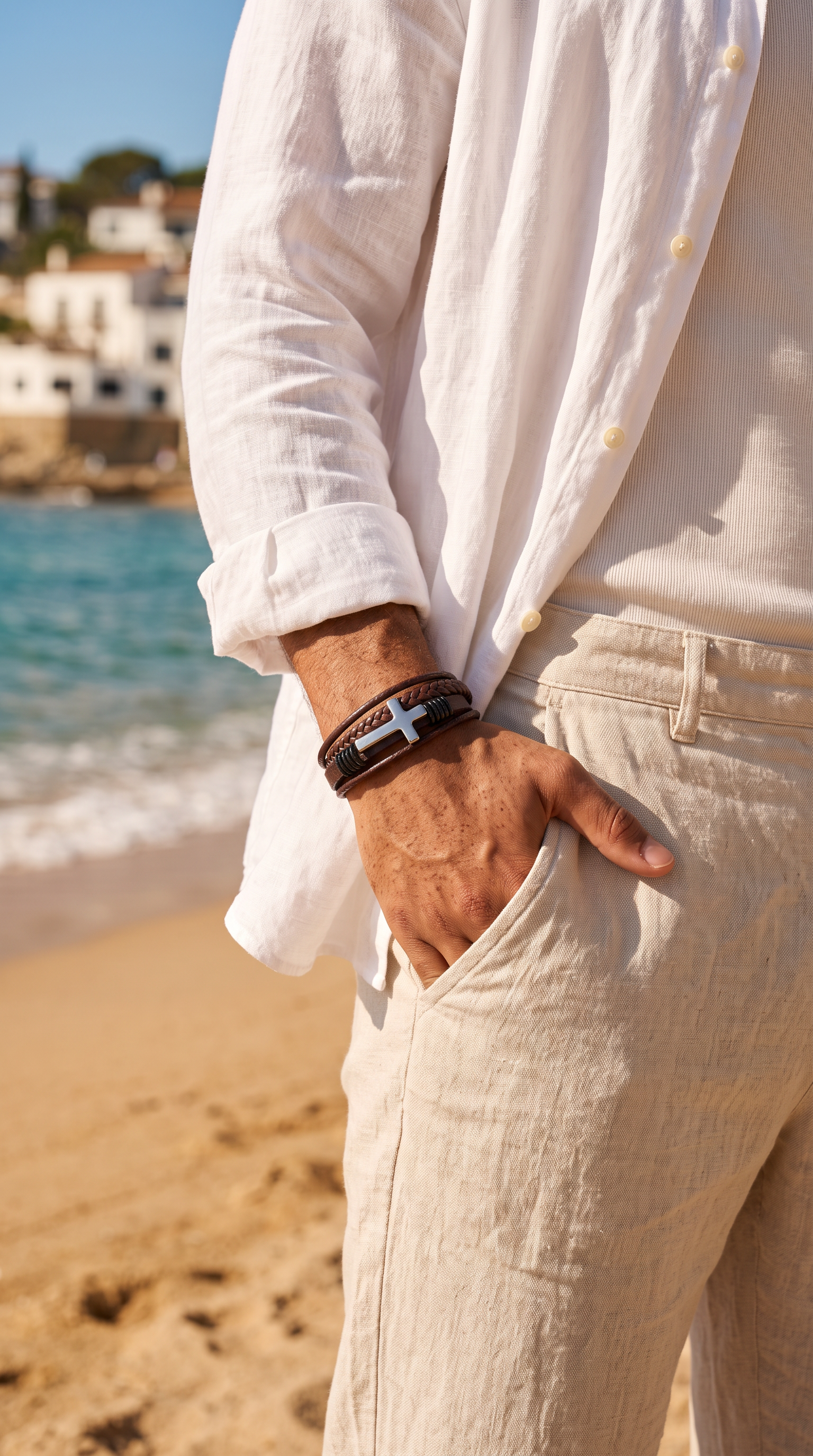 Heren kruis armband | Bruin Leer - Covenant