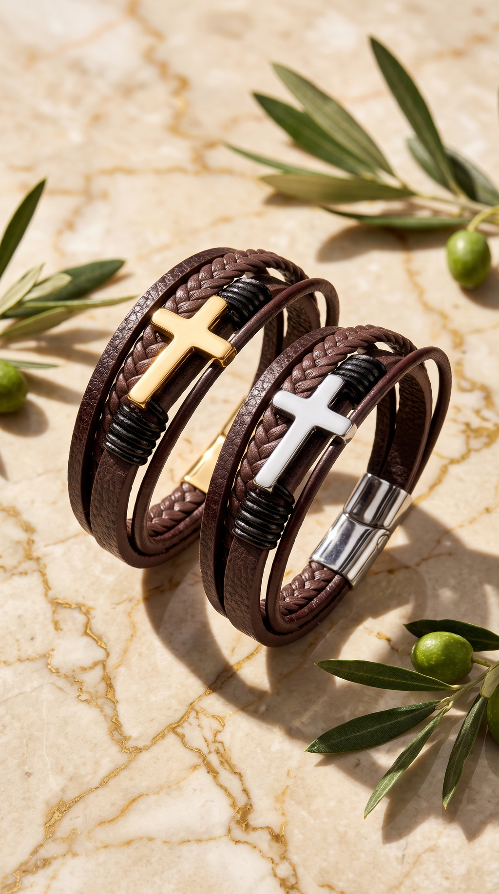 Heren kruis armband | Bruin Leer - Covenant
