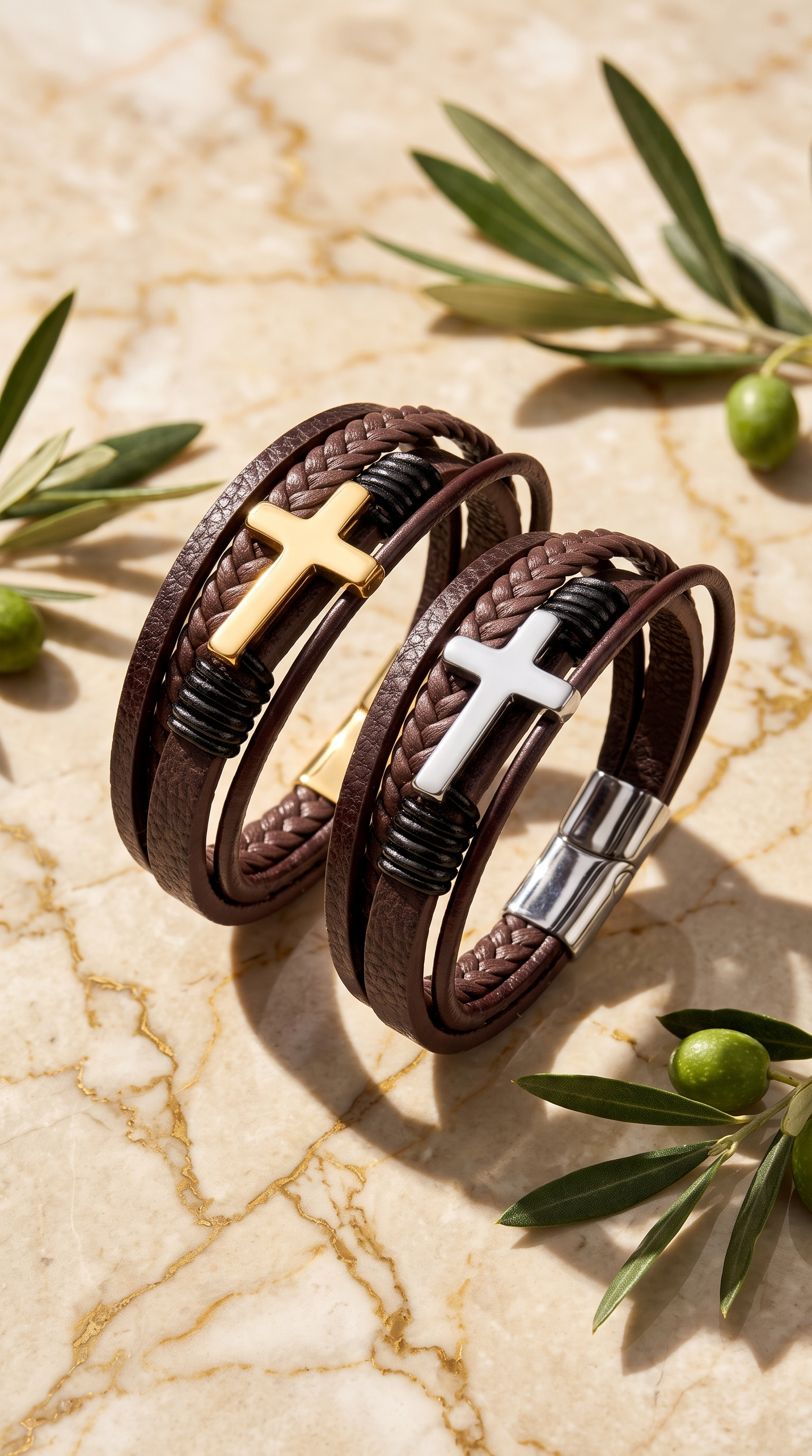 Heren kruis armband | Bruin Leer - Covenant